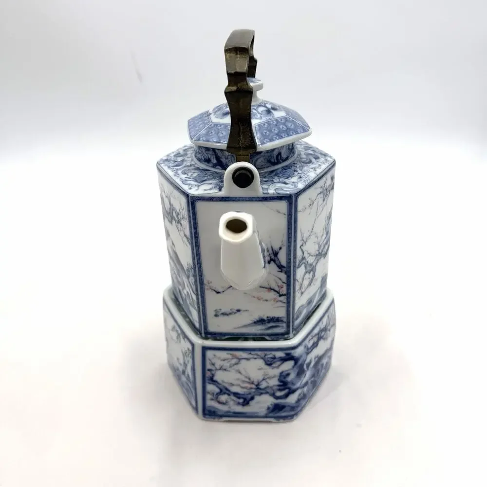 Vintage Dolphin Dynasty Blue Porcelain Hexagonal Teapot Warmer & Brass Handle